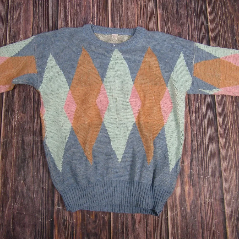 Vintage Geometric Sweater Mens Large‎ Blue Brown Wool Acrylic Crewneck Italy 80s
